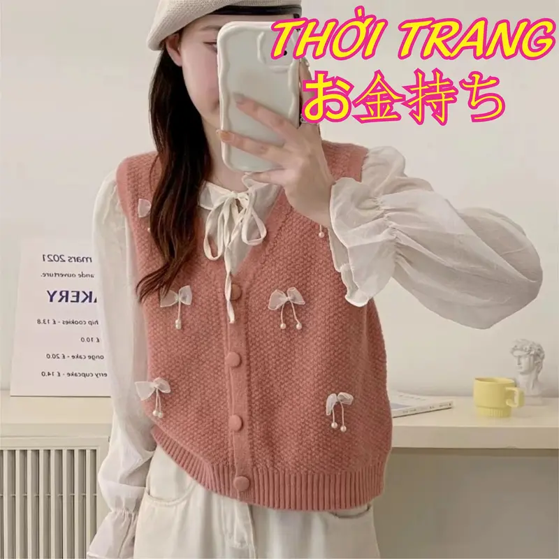 Áo gile len đính nơ cúc bọc cổ V nhiều màu 406 8