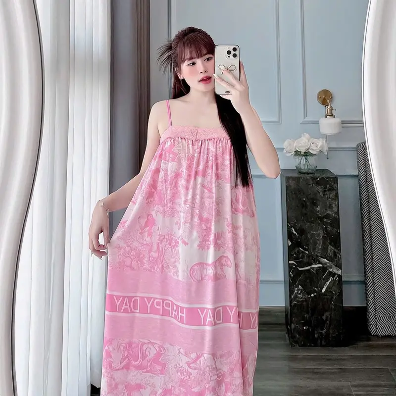 (TẶNG QUẦN)Đầm Ngủ 2 Dây Phối Ren Lụa Latin Tơ Tằm Size 40kg Đến 65kg 3