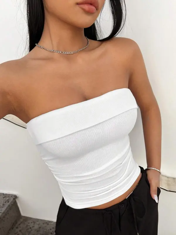 Women's Solid Backless Tube Top, Casual Strapless Ribbed Top, Ladies Summer Clothes for Daily Wear 2
