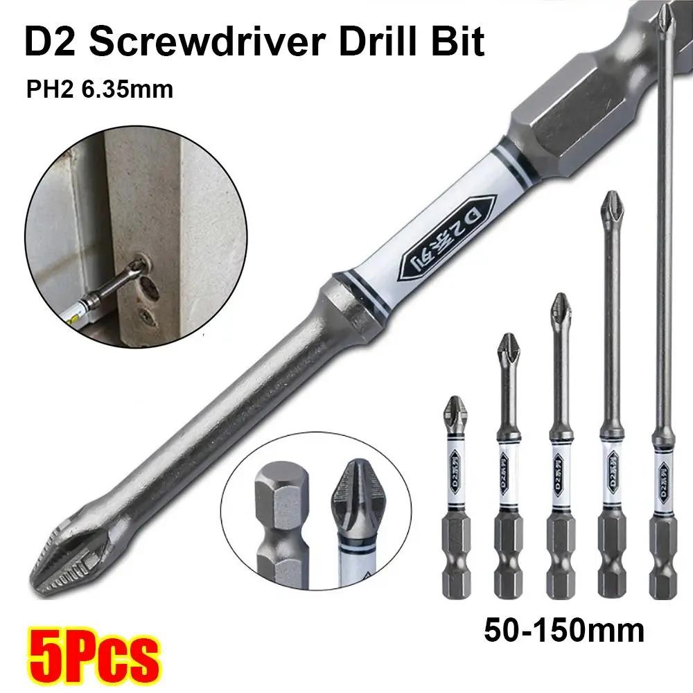 5Pcs/Set Durable PH2 6.35mm D2 Impact Phillips Screwdriver Bit Impact Resistant Hex Shank Cross Driver Drill Bit Wear-resistant Screwdriver Batch Head Hardware Repair Parts