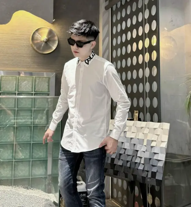 Áo sơ mi nam boy phố tay dài phối chữ thêu vải lụa hàn đẹp 2