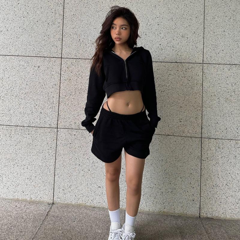 Set bộ nỉ Hoodie Zip Croptop và Quần Short Ngắn AUGETY (Có tách lẻ) Áo Nữ