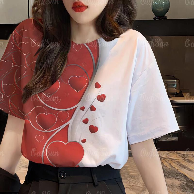 Áo Thun Ngắn Tay, Cổ Tròn, In 3D, In Hình Trái Tim, Phong Cách Cổ Điển, Thời Trang, Dành Cho Nữ Women Top aothun  phomrong 5