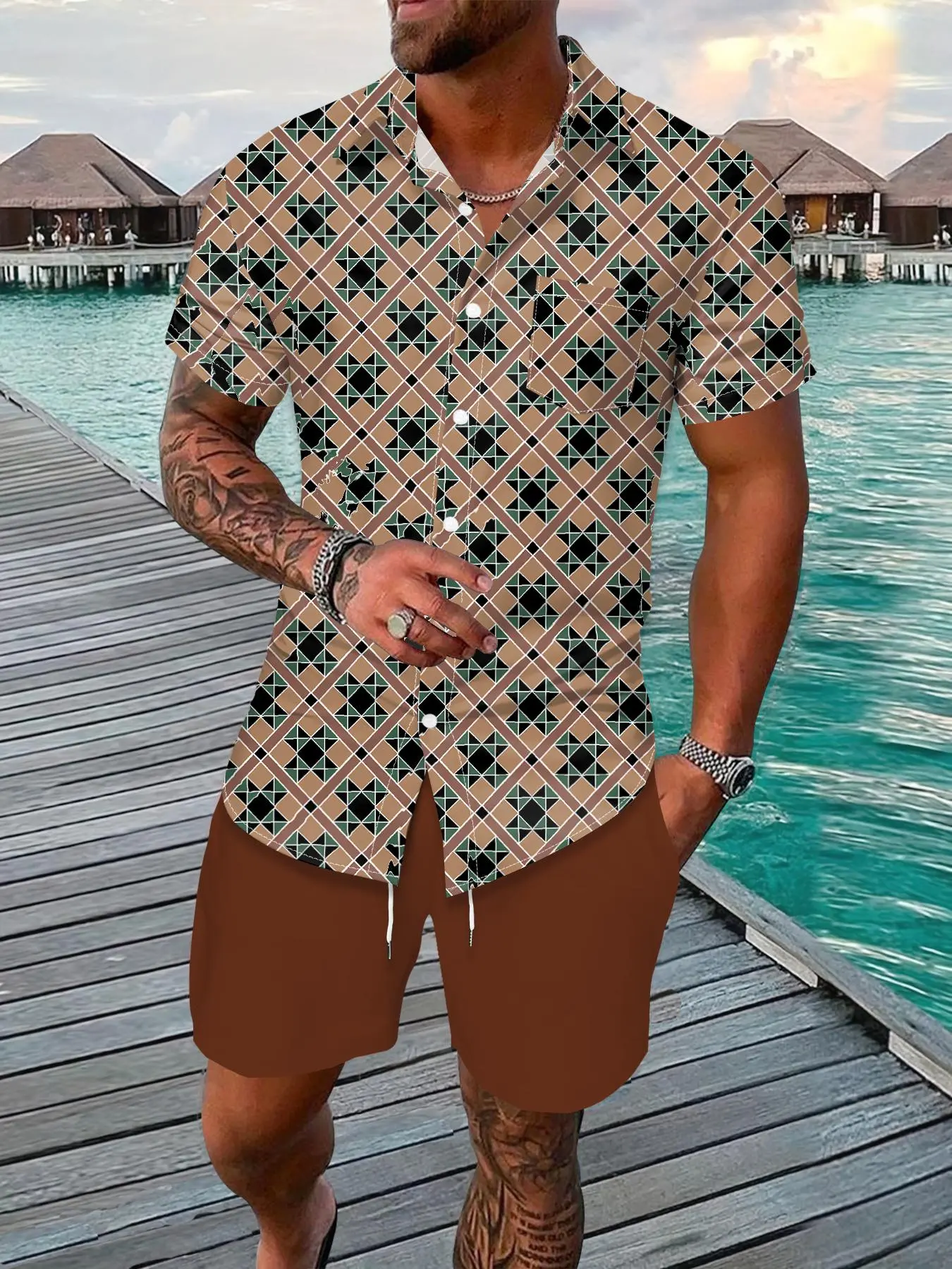 Two-Piece Set Men's Geometric Print Shirt & Shorts, Regular Fit Casual Short Sleeve Button Front Top & Shorts, Men's Summer Set for Beach Vacation