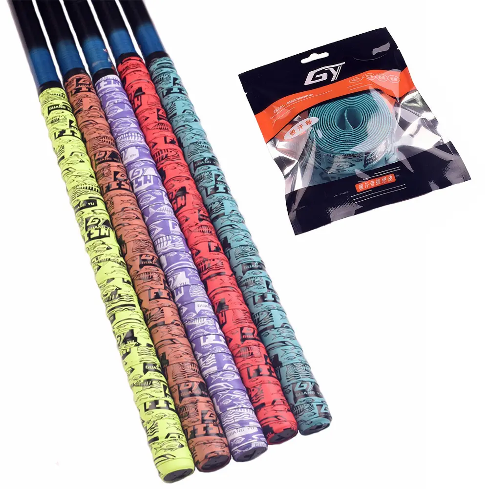 2M PU Printed Fishing Rod Wrap Strap Pressed Keel Hand Rubber Elastic Comfortable Non-Slip Sweatband