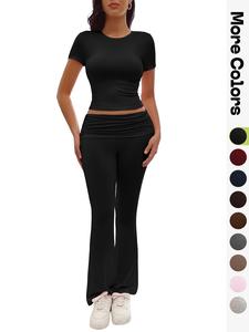 Women's Solid Round Neck Tee & Flare Leg Pants Loungewear Two-piece Set, Casual Comfy Short Sleeve T-shirt & Bell Bottom Trousers Pj Set, Ladies Sleepwear for All Seasons, Pyjamas for Women,  Lounge Set for Women