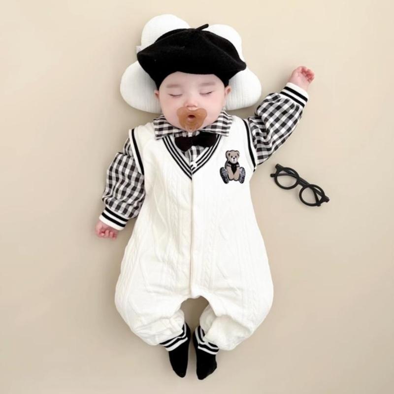 Bộ Bodysuit Dài Tay Babyshop88vn Cho Bé Trai Bé Gái M19.8.24-2 Jumpsuit Mẫu Công Tử - Màu Trắng - Chất Len - Trẻ từ 1-12 Tháng Tuổi