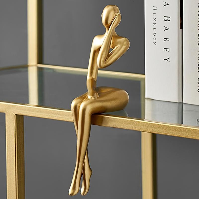 Golden Sitting Figure Sculpture, 1 Count Modern Home Decor Figurine for Bookshelf, Mini Sitting Thinker Statue 0