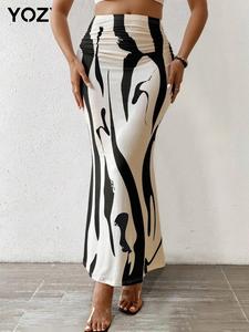 YOZY All Over Print Ruched Mermaid Skirt/ Casual High Waist Long Skirt, 2024 Women's All Season Outfits for Daily Wear