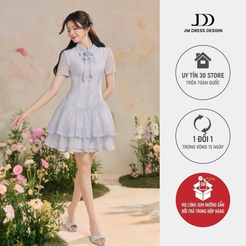 Đầm phối cổ nơ, chân nhún tầng họa tiết 1R09.2503OG, váy đầm cổ sơ mi xòe tầng bồng nữ tính thanh lịch JM Dress Design