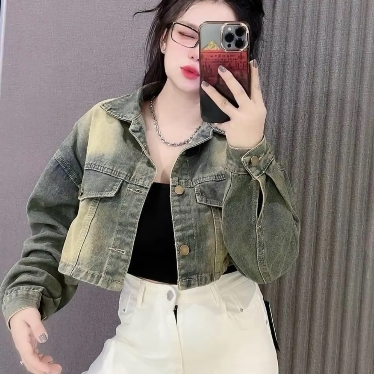 Áo khoác bò thêu lưng màu bụi đậm dáng ngắn chất bò mềm dày dặn tôn dáng cho nữ - Jacket