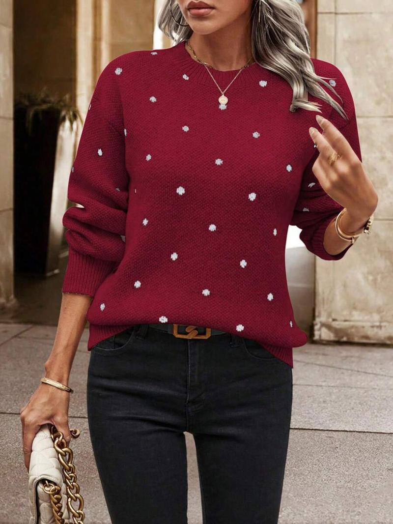 Product Introduction of Women's Polka Dot Print Drop Shoulder Longsleeves Crewneck Sweater, Long Sleeve Round Neck Jumper for Fall & Winter, Fashion Ladies' Knitwear for Daily Wear, Comfort Lady Tops, Casual Womenswear,  Modest Outfits 11