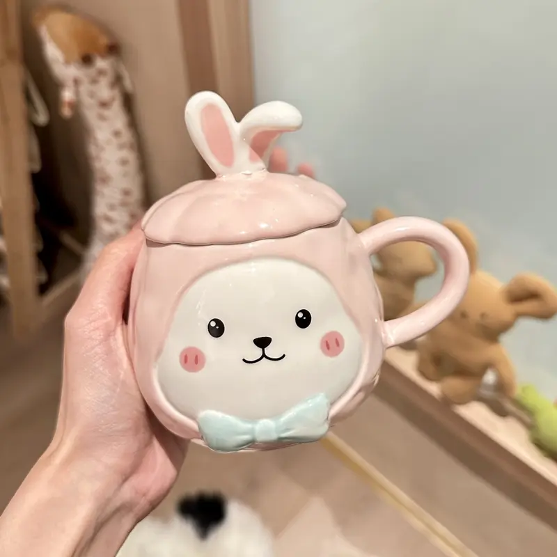 Ly cốc sứ có nắp đậy hình thỏ dễ thương 450ml, cốc uống nước có nắp đậy kèm thìa - TTB 5