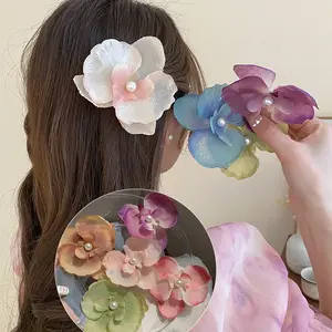 Jepit Rambut Anggrek Kupu-Kupu Gradasi Imitasi, Aksesori Samping Bunga Mutiara Trendi