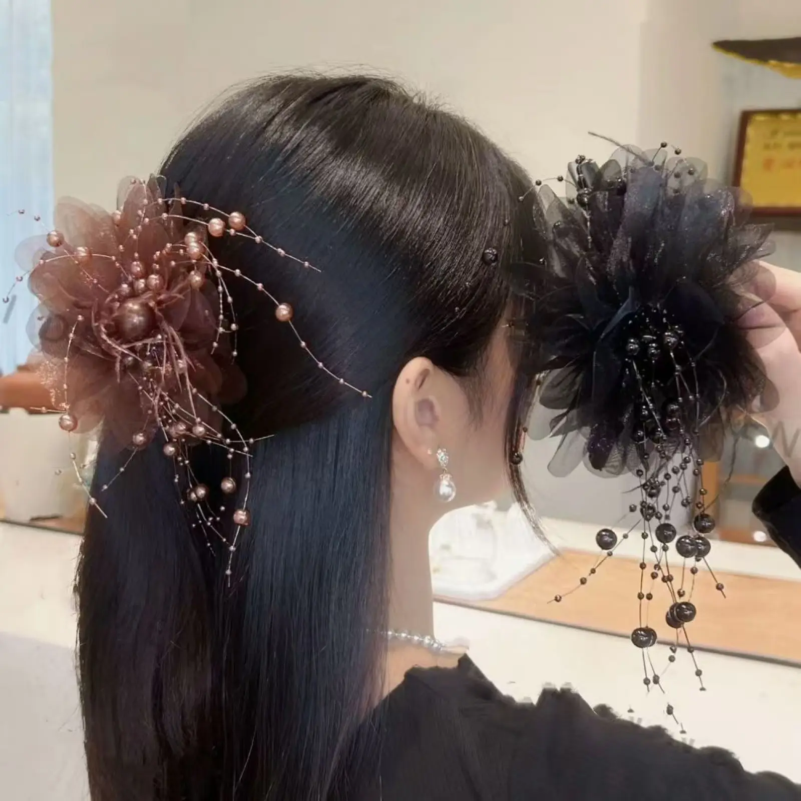 Peony Flower Feather Tassel Grip Female Back Head Showing Hair Volume Shark Clip