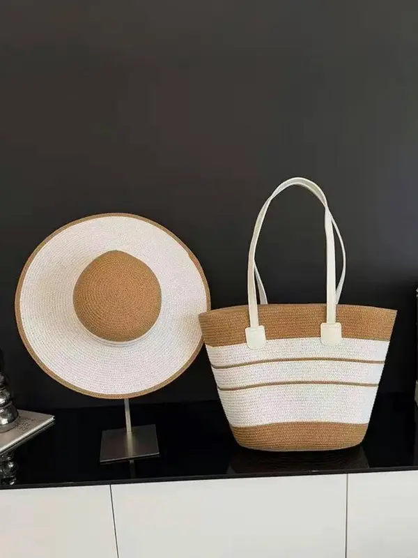 Women's Fashionable Bohemian Straw Bag & Wide Brim Hat, Casual Versatile Sun Hat & Large Capacity Bag Set, Retro Simple and Versatile, Suitable for Daily Travel, Summer Beach Vacation, Versatile Shoulder Bags 6