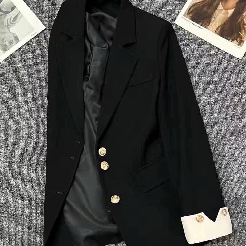 DT15 Áo khoác vest blazer ba khuy kim loại mạ vàng- tay phối gấu có đệm vai mẫu mới phong cách hàn quốc 2