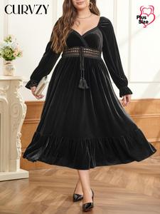 YOZY-CURVZY Plus Size Solid Color Tie Front Hollow Out Dress, Elegant Sweetheart Neck Long Sleeve A Line Dress for Party Holiday Wedding Guest, Women's Clothes for Spring & Fall