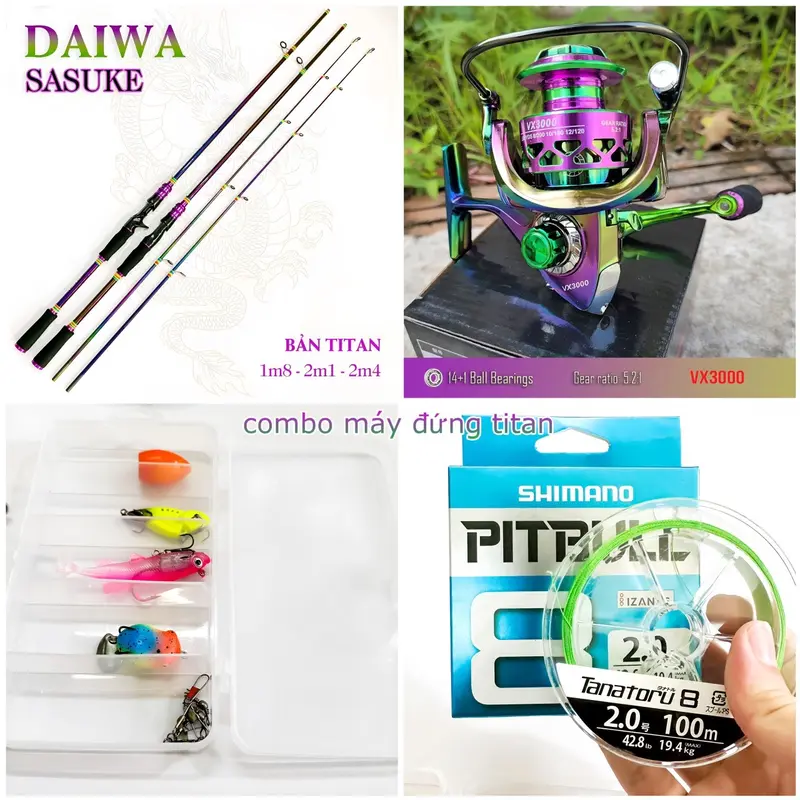 Combo cần câu máy, combo cần lua carbon máy đứng và máy ngang câu cá chẽm cá lóc có các sai 1m8 2m1 và 2m4 1