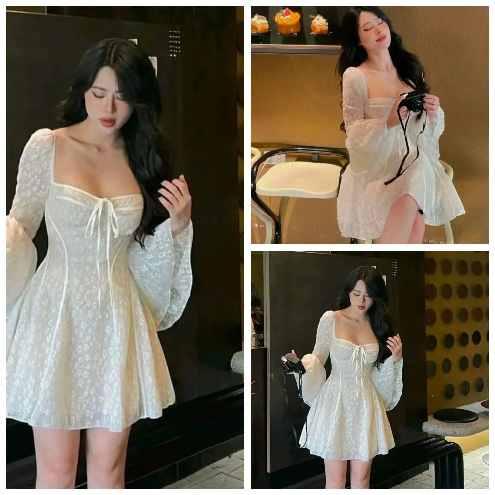 váy ren cổ vuông tay xoè có dây nơ trước ngực