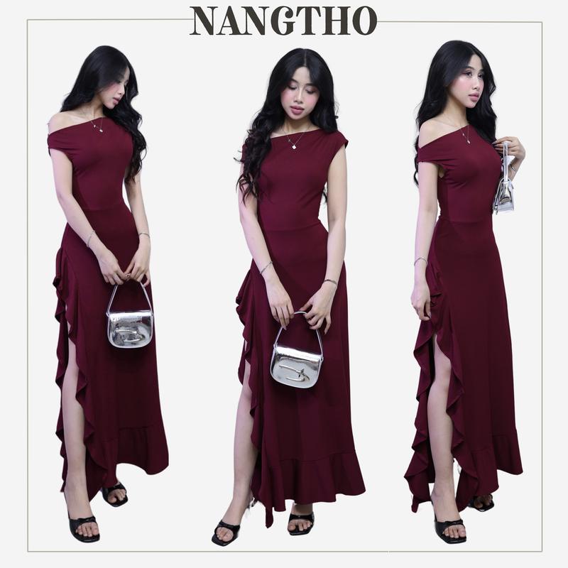 D186 Đầm Dự Tiệc Dáng Dài thời trang nữ Lệch Vai Thun Gân Trung Co Giãn Nhung