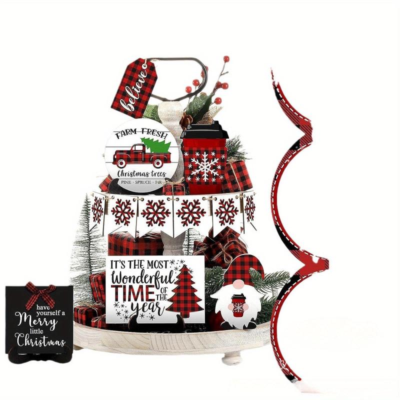 Product Introduction of Christmas Themed Tiered Tray Decoration, Wooden Sign with Banner & Gift Box & Truck & Gnome Doll, Desktop Decoration for Home Party Festival, Ornaments 3