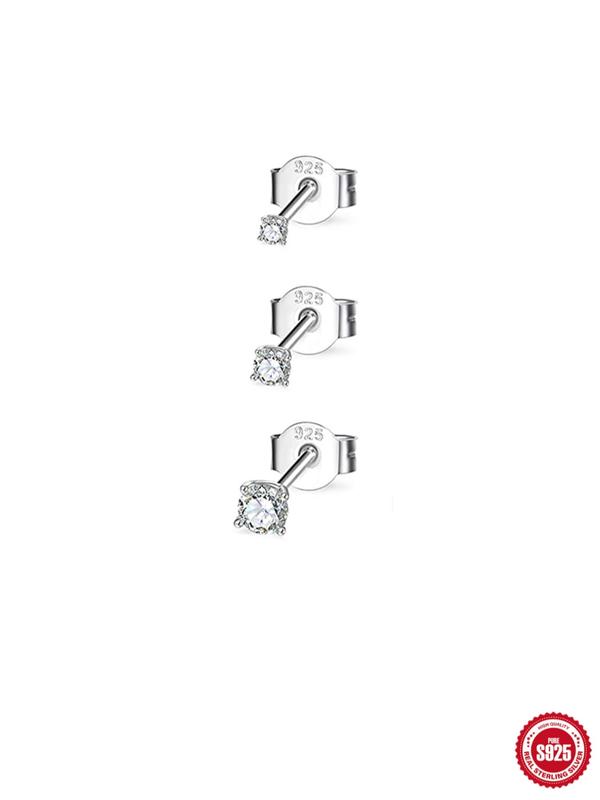 925 Sterling Silver Rhinestone Decorated Stud Earrings, 3 Counts Fashion Temperament Earrings for Women & Men, Trendy All-match & Exquisite Jewelry for Birthday Gift 3