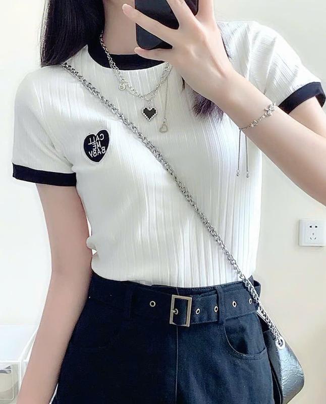 Áo Cộc, Áo Len Kiểu Tay Ngắn Cổ Tròn Thêu BaBy Trước Ngực Siêu Sang Chất Liệu Nhẹ Nhàng Mát Mẻ Cam Closet Nữ Women áo  len Top