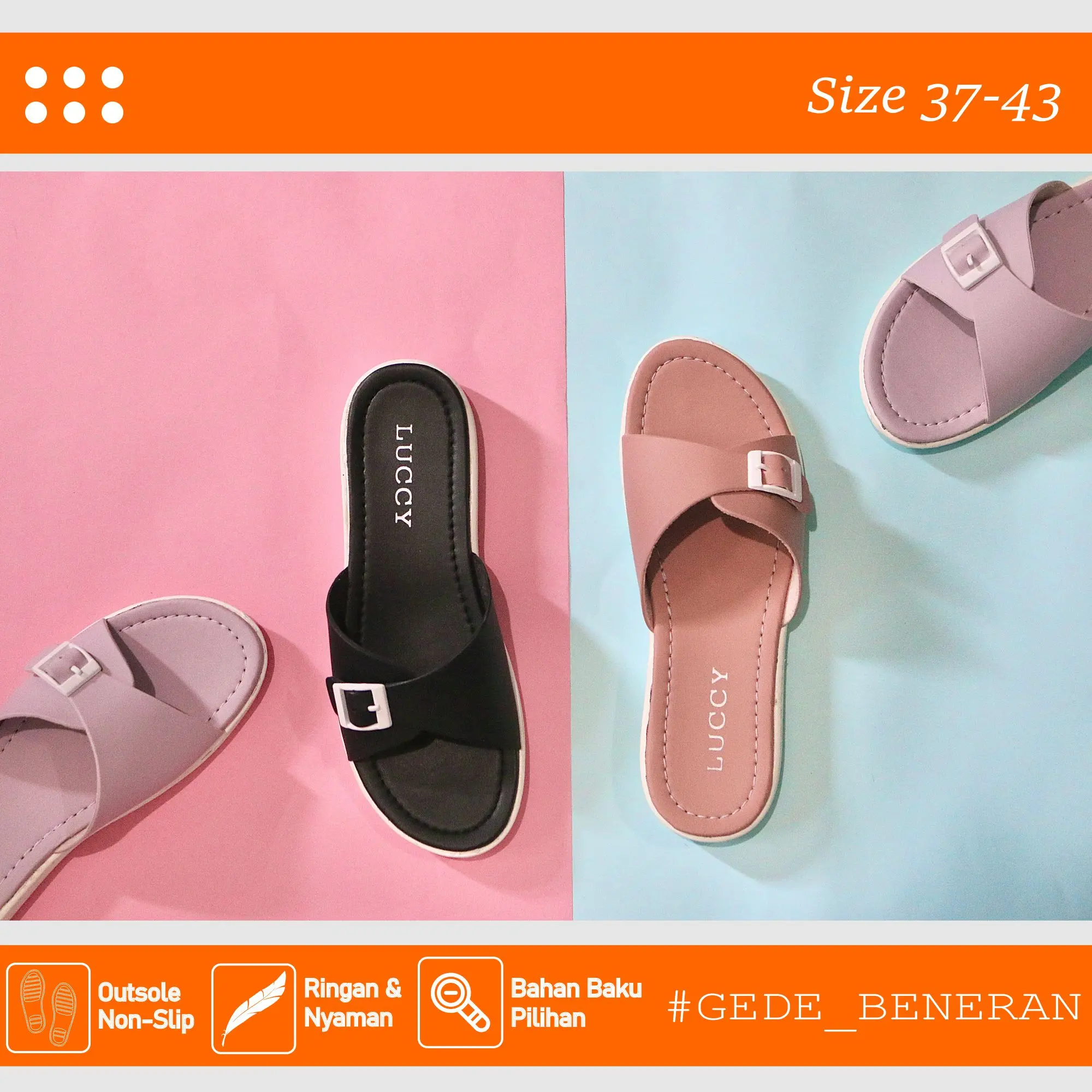 Luccy SL Sandal Slop Wanita Korea Terbaru Jumbo Size 37-43 Flat Hitam
