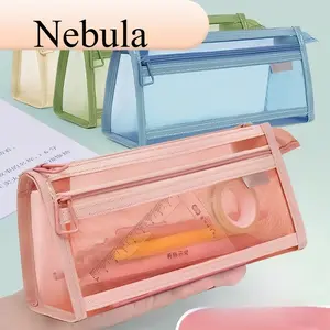 Tempat Pensil 2 Lapis H1128 Alat Tulis Transparant Jaring Case Grid Ganda Pouch Portable Perlengkapan Serbaguna