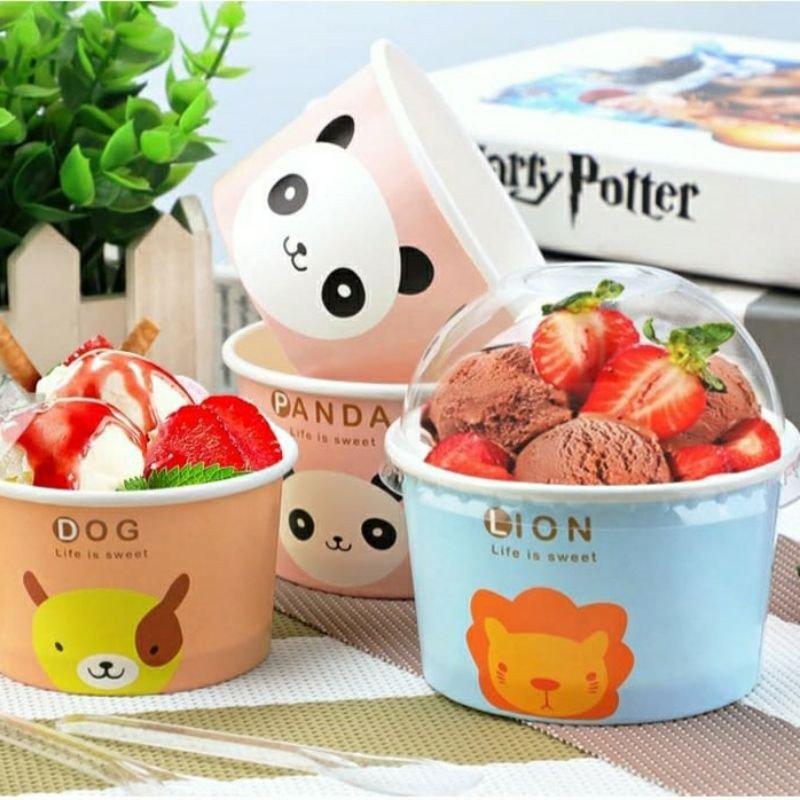Lốc 100 Cốc Cừu thấp có nắp, cốc giấy đựng kem nắp cầu, ly giấy dùng 1 lần đựng kem