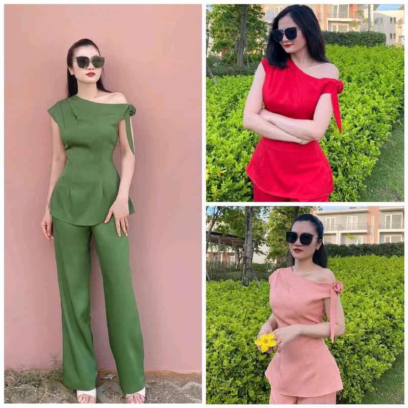 Katy - Set Vest Nữ Quần Tây Áo Lệch Vai Sang Chảnh, Chất Liệu Cotton Lạnh Mềm Thoáng Khí