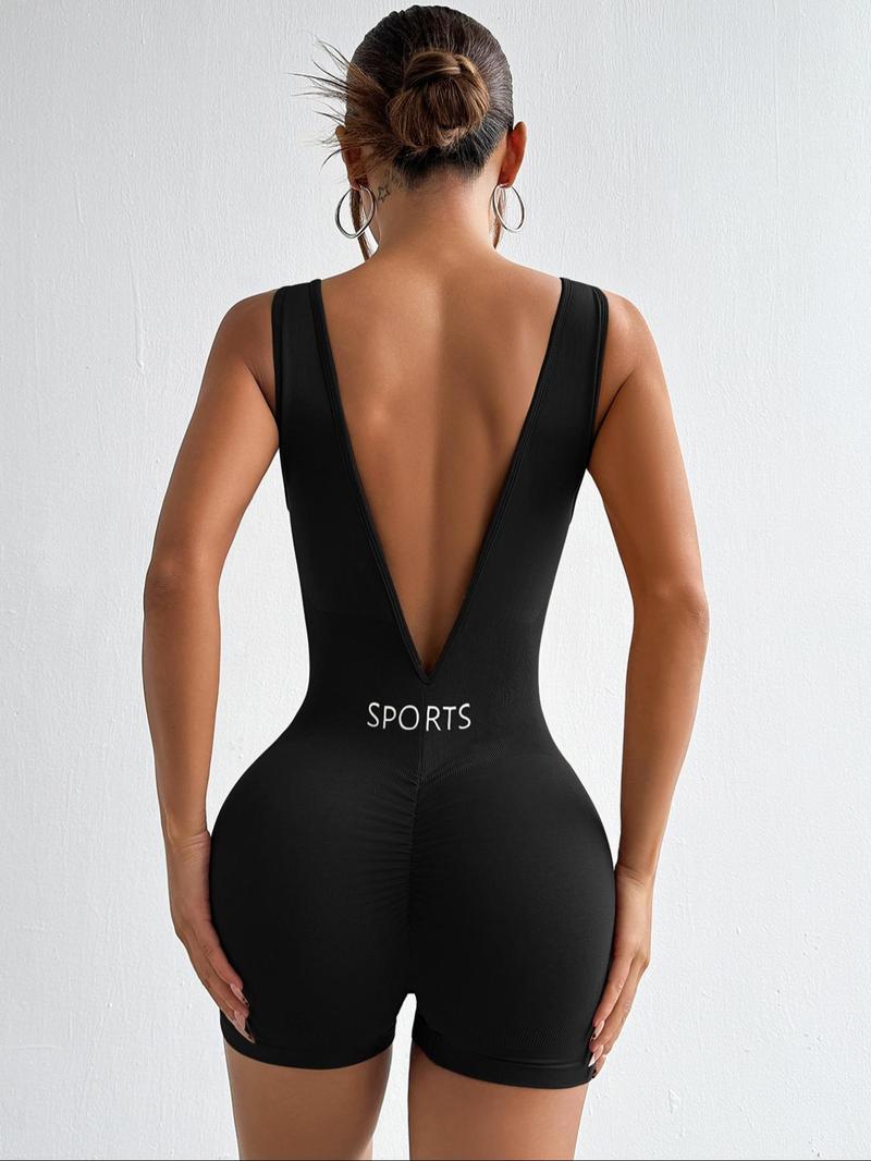Product Introduction of Women's Letter Print U Neck Sports Romper, Casual Sporty Sleeveless Skinny Romper for Yoga Gym Workout, Ladies Sportswear for All Seasons 2