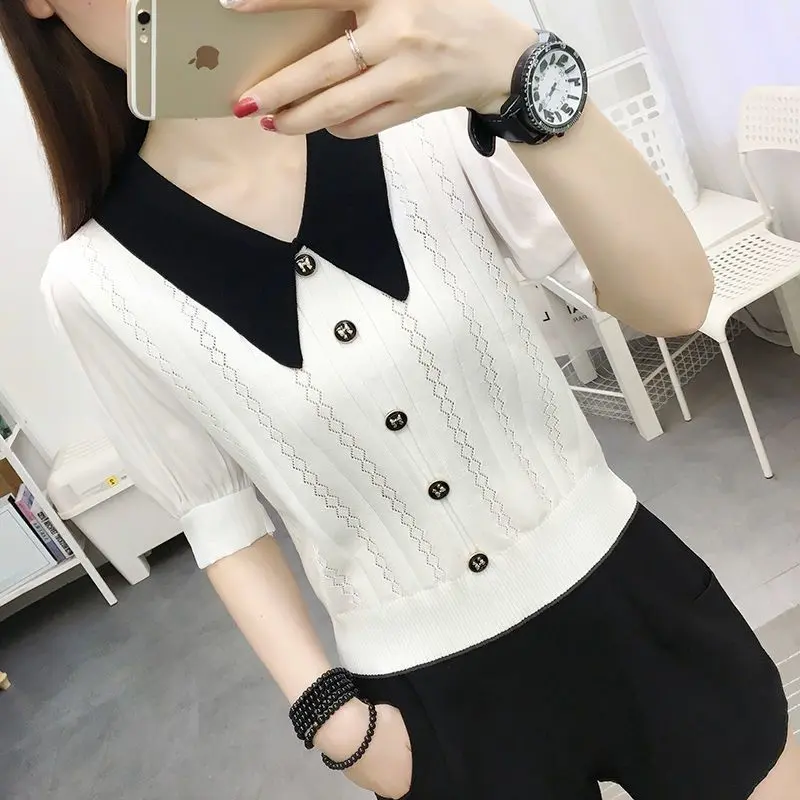 Áo Thun Ngắn Tay, Cao Cấp, Thiết Kế Khoét Lỗ, Dành Cho Trang Phục Mùa Hè Của Phụ Nữ, Hàng Mới Về, Đồ Len, Thương Hiệu Thời Trang Áo Ngắn, Cạp Cao Cho Phụ Nữ, Cơ Sở Lụa Lạnh