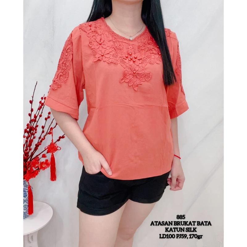 KLV Atasan Blouse Katun Silk Renda Import Lengan 3/4 2