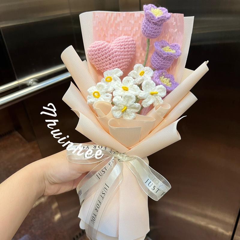  Bó hoa trái tim linh lan lưu ly tone hồng bằng len handmade giấy không nhăn 