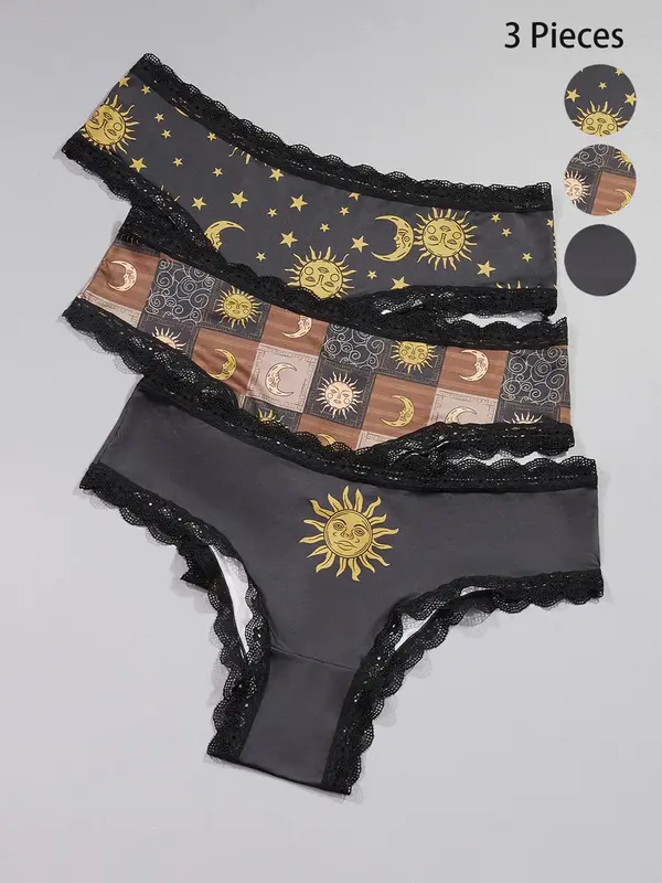 【Plus Size】 Cartoon Sun & Star Print Panty, Casual Comfy Breathable Knicker for Daily Wear, Women's Underwear for All Seasons 0