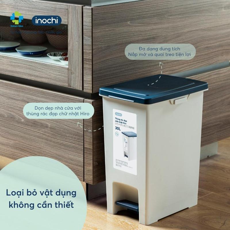 Thùng rác đạp chữ nhật Inochi nhựa nguyên sinh kèm ruột kháng khuẩn khử mùi Size 10-15-20L có nắp ấn mở Size 30L có nắp giảm chấn
