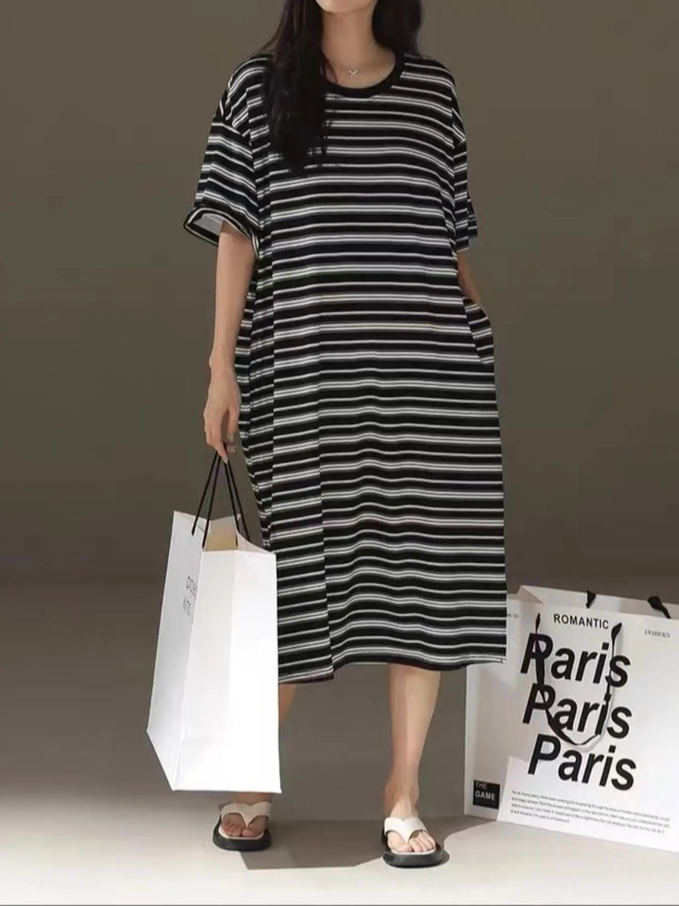 Women's Striped Print Drop Shoulder Split Thigh Nightdress, Casual Comfy Round Neck Half Sleeve PJ Nightgown for Home, Women's Sleepwear for Summer