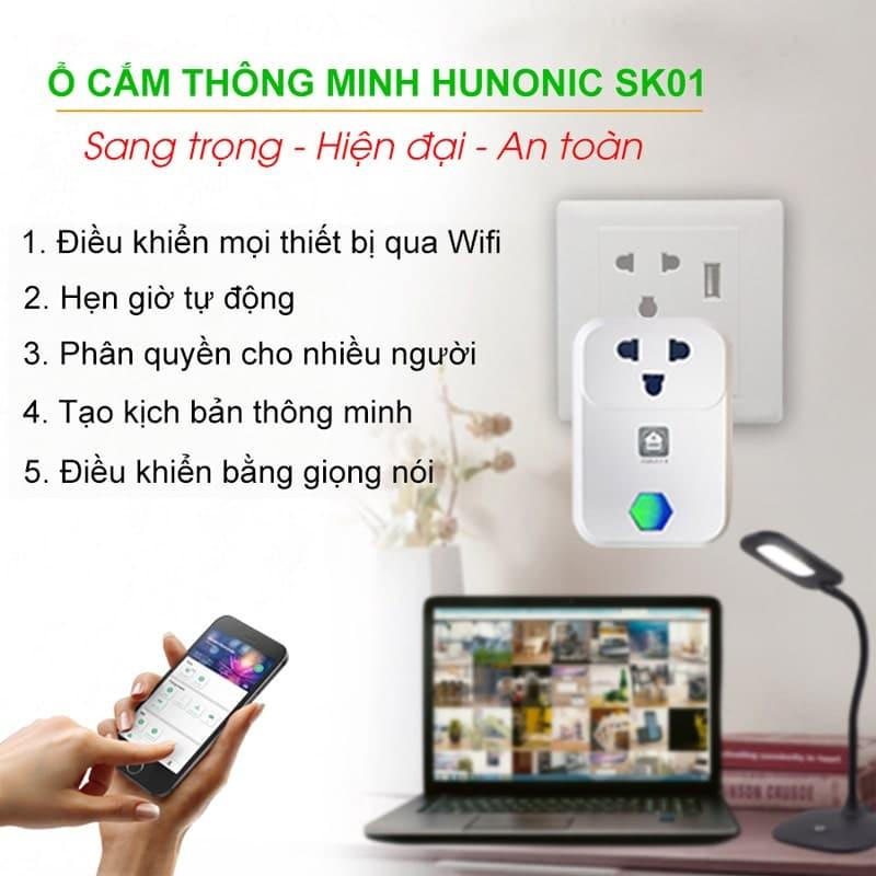 Ổ Cắm Thông Minh HUNONIC SK01, Ổ Cắm WIFI Điều Khiển Mọi Thiết Bị Từ xa Qua Điện Thoại, Hẹn Giờ Bật/Tắt Tự Động công  tắc 4