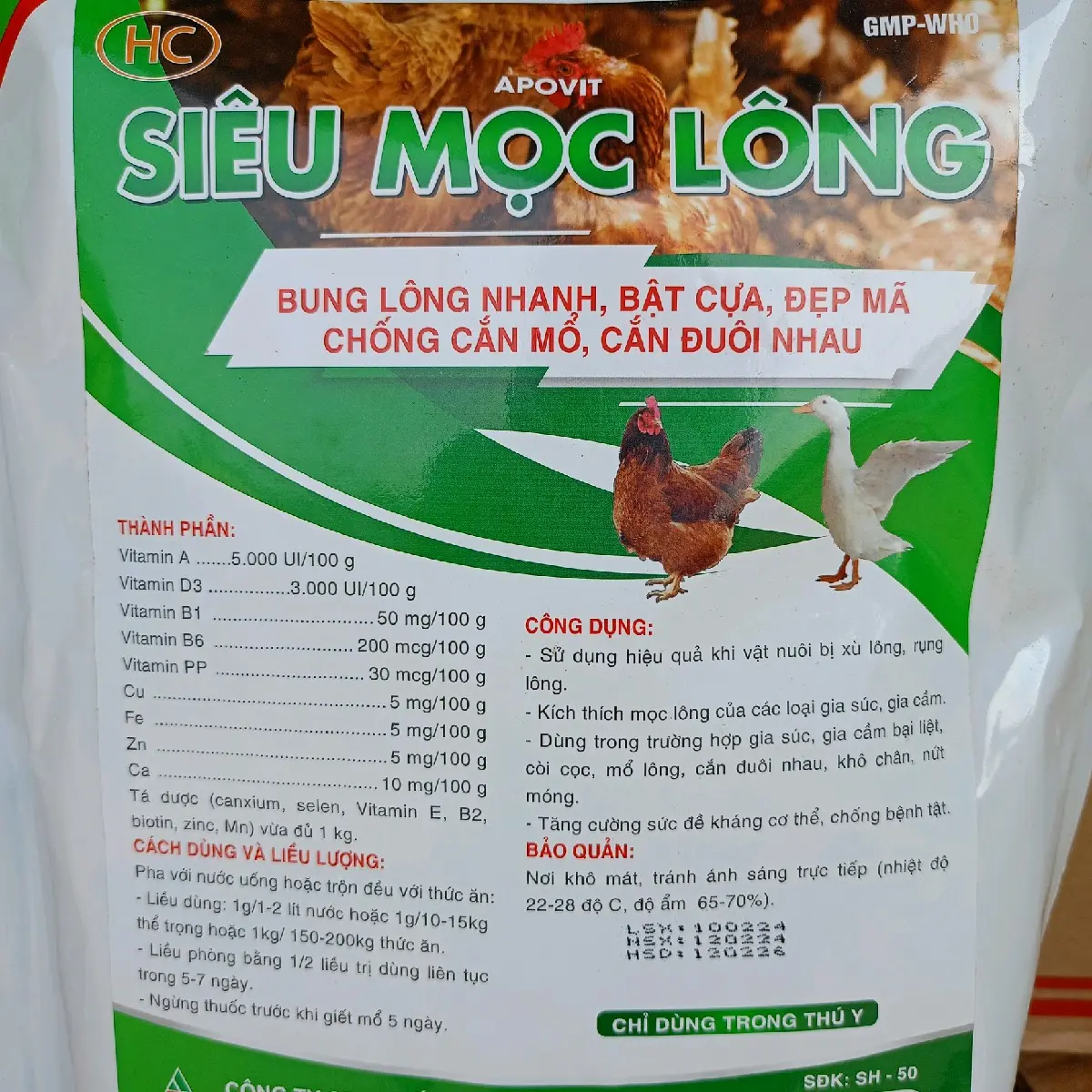 SIÊU MỌC LÔNG gói 1 kg: Bung lông nhanh, bật cựa,vđẹp mã, chống cắn mổ ở gà,vịt