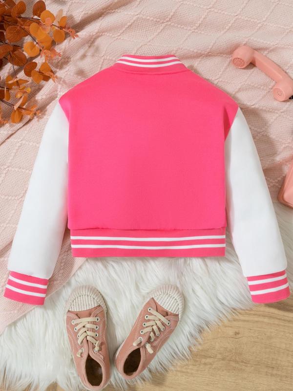 Toddler Girl's Colorblock Letter Print Button Front Varsity Jacket, Street Casual Long Sleeve Collared Outerwear for Fall & Winter, Kids Clothes for Daily Wear 5