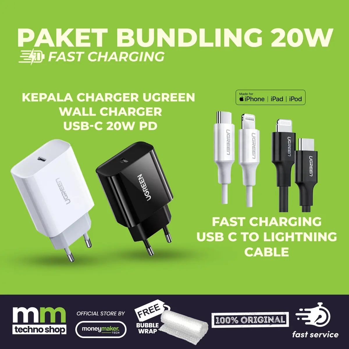 Ugreen Wall Charger Adaptor + Cable iPhone 20W UGREEN USB C MFi Fast Charging Adapter