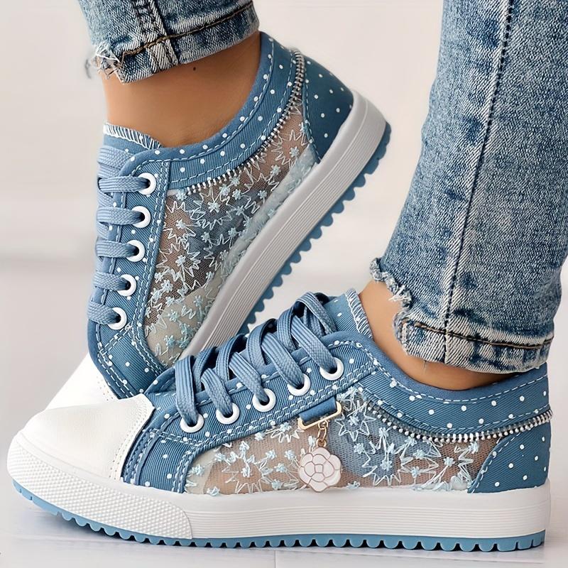 Women's Floral Mesh & Cover Casual Sneakers - Breathable Low-Top Lace-Up Round-Toe Shoes with PU Sole for Casual Attire, Ladies Sneakers, Comfortable Footwear, Durable Traction Footwear 1