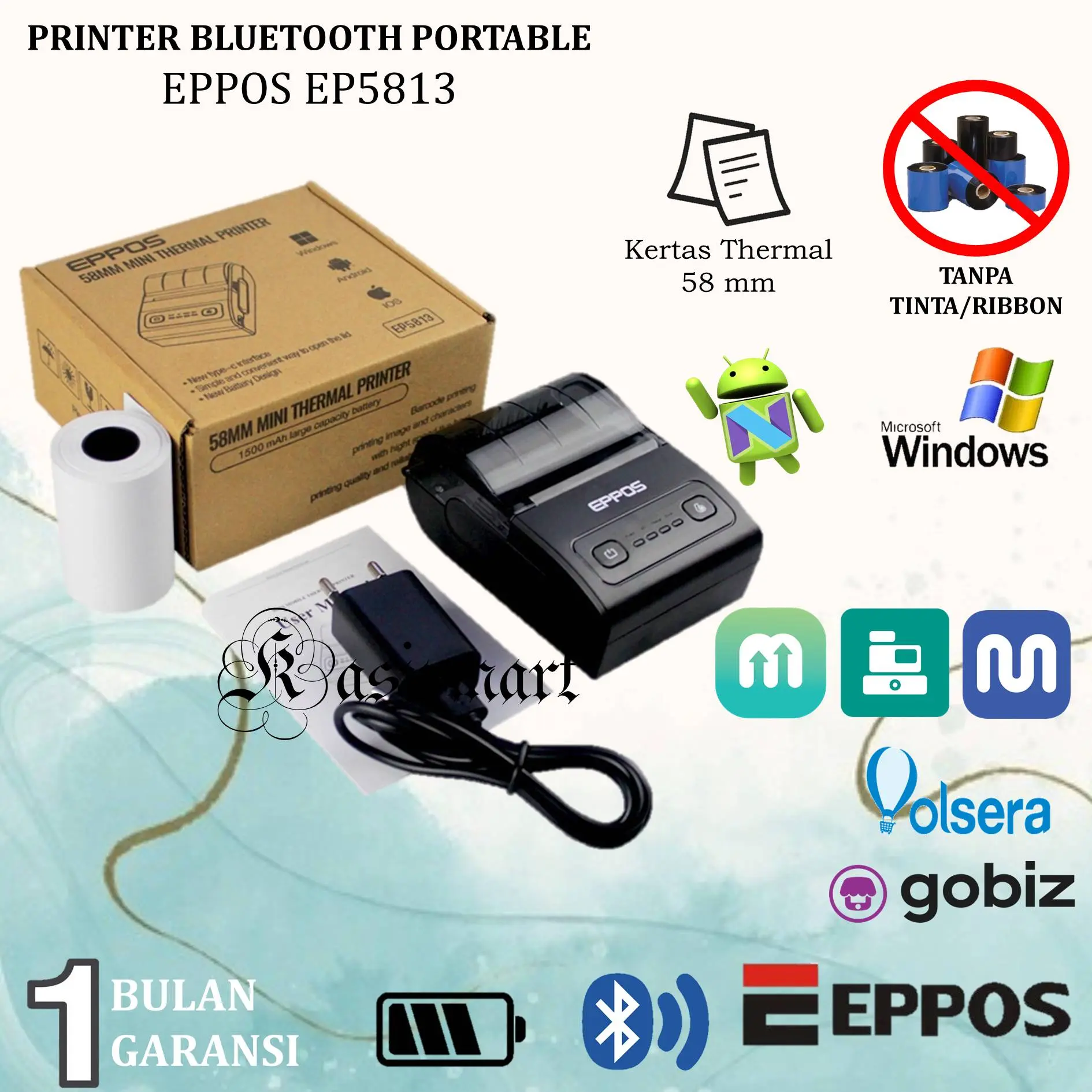 Eppos EP5813 Mini Mobile Printer Thermal Bluetooth 58mm Portable RPP02N EP 5813 Print Struk PPOB Mokapos Qasir Pawoon EP-5813 Baterai Hitam Paper Label