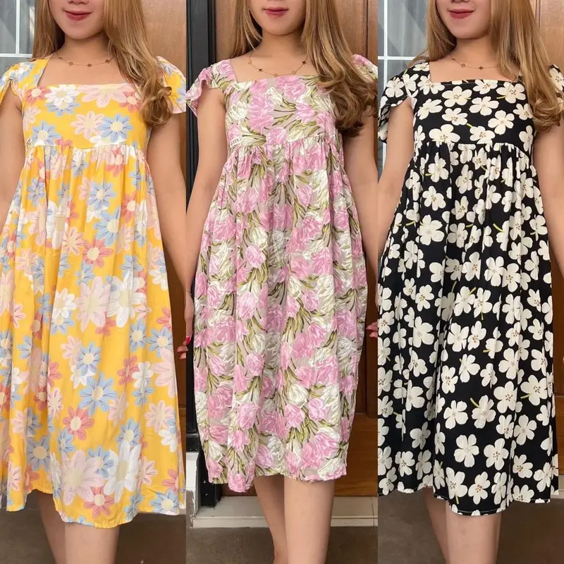 Queen Summer Dress Ruffle Babydoll Motif Pendek Wanita Casual Fit Rayon Premium LD 120 0