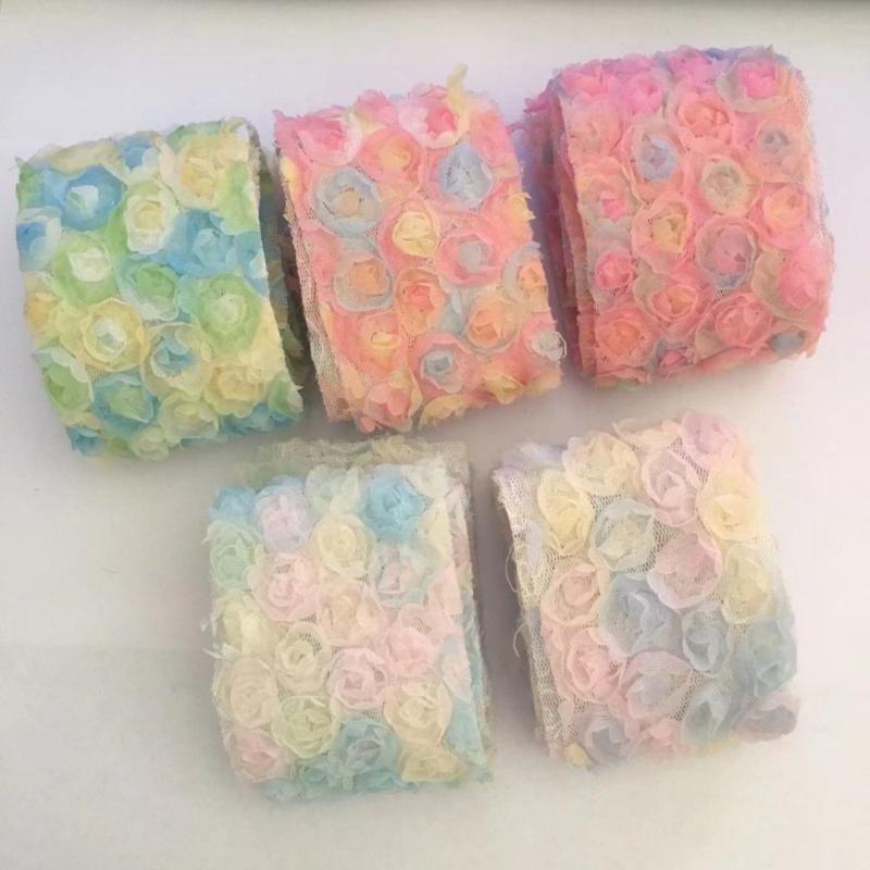 New DIY Rose Lace Applique Chiffon Gradient Color Trim Ribbon 6cm Flower Embroidered Costume Headdress 5