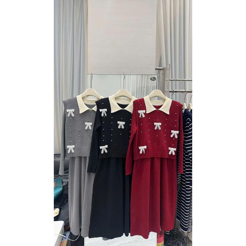   Tira Mama Design M372 Set váy len dài tay Set váy bầu thu đông cổ polo kèm áo gile đính nơ 