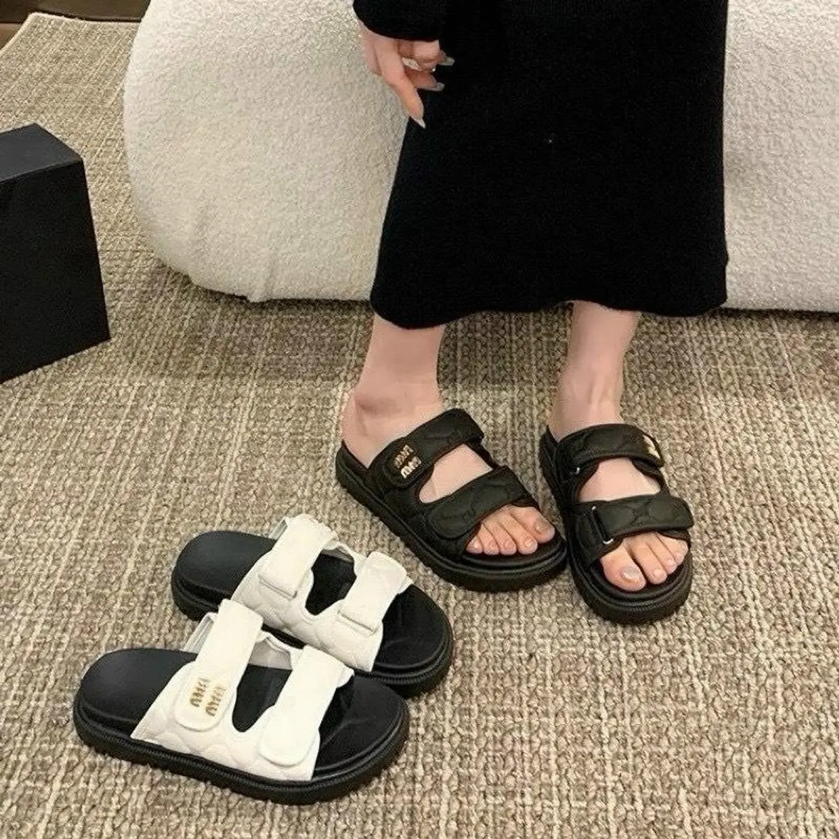 Dép lê nữ miu đế dày quai dán thời trang, sandal nữ da mềm dế mềm