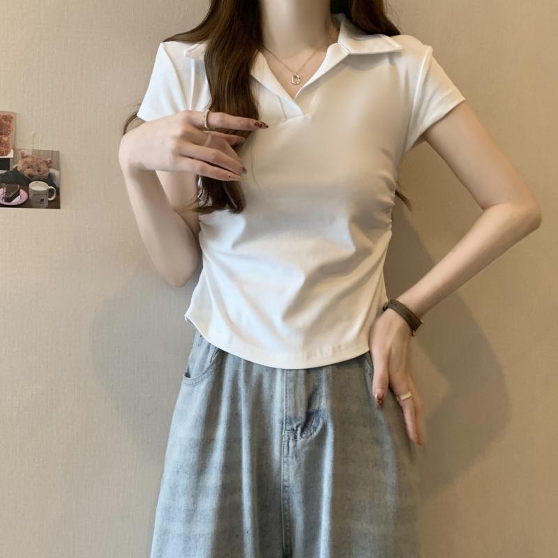 Product Introduction of 106 # Real Shot Real Price 40s Pure Cotton 210g (92% Cotton/8% Spandex) Polo Collar Waist-Cinching Short Sleeve T-Shirt for Women Top Womenswear 10